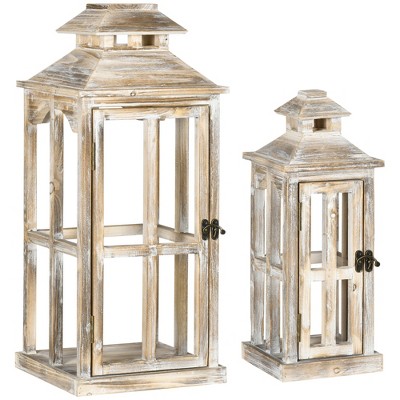 HOMCOM 2 Pack 28"/20" Large Rustic Wooden Lantern Decorative, Indoor/Outdoor Lantern for Home Décor, Natural