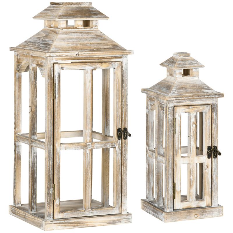 HOMCOM 2 Pack 28"/20" Large Rustic Wooden Lantern Decorative, Indoor/Outdoor Lantern for Home Décor (No Glass), Natural, 1 of 7