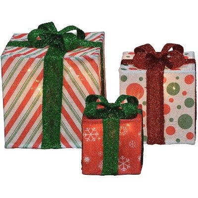 Candy Cane Lane 8/10/12 Inch Set Of Three Red Stripe, Dot, Snowflake With Red Or Green Bow Presents Outdoor Led Décor, Nested