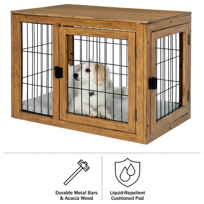 Medium Natural Acacia Wood and Metal Dog Crate Table