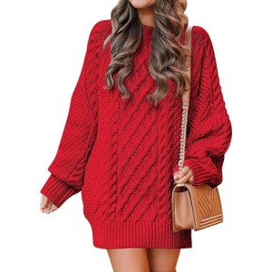 Women's Oversized Chunky Knit Sweater Dress | Long Sleeve Cable Knit Short Dress for Fall Winter Vacations Red - 1 of 4