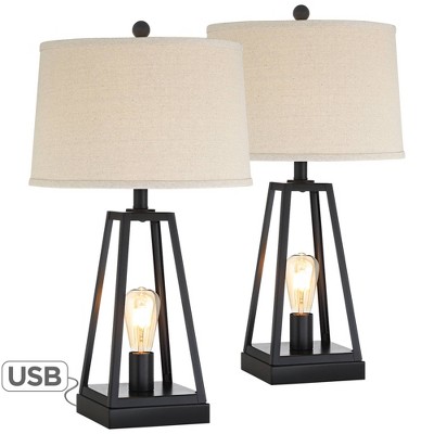 Franklin Iron Works Industrial Table Lamps Set of 2 with USB Port Nightlight LED Dark Metal Oatmeal Fabric Shade for Living Room