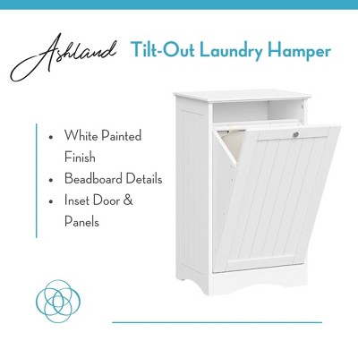 White Polished Beadboard Tilt-Out Laundry Hamper Cabinet