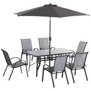 8 Pieces Patio Furniture Set with 9Ft Patio Umbrella, Outdoor Dining Table and Chairs, 6 Chairs, Push Button Tilt and Crank Parasol - 1 of 4