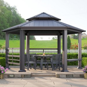 AMERLIFE 13x15FT Hardtop Hexagon Gazebo, Double-Tier Pavilion with Bench, Patio/Garden/Backyard - 1 of 4