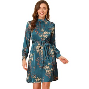 Allegra K Women's Mock Neck Swing Midi Long Sleeve A-line Floral Dress - 1 of 4