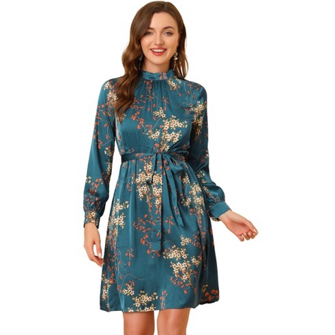 Allegra K Women s Mock Neck Swing Knee Length Long Sleeve A line Floral Dress Satin Peacock Blue Medium