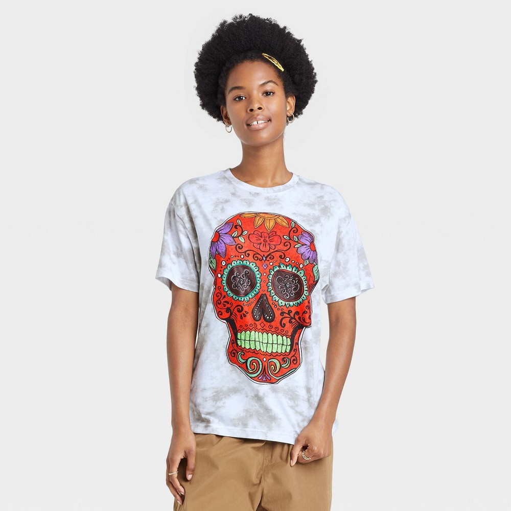 Women's Dia De Los Muertos Skull Short Sleeve Graphic T-Shirt - White Tie-Dye L