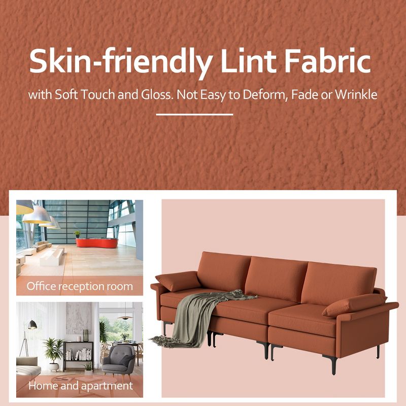 Costway Modern Modular Fabric 3-Seat Sofa Couch w/ Socket USB Ports & Metal Legs Red\Green, 5 of 11
