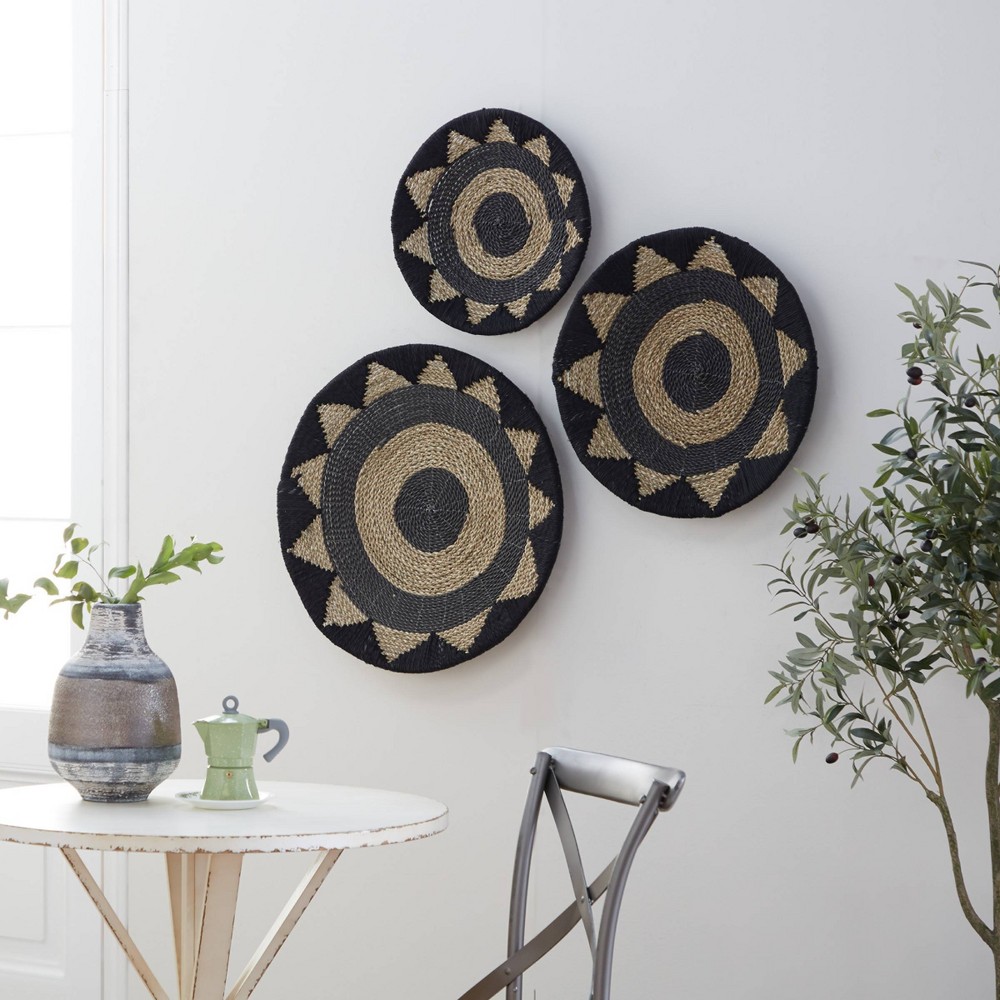 Photos - Wallpaper Set of 3 Cotton Plate Handmade Woven Wall Decors Black - Olivia & May