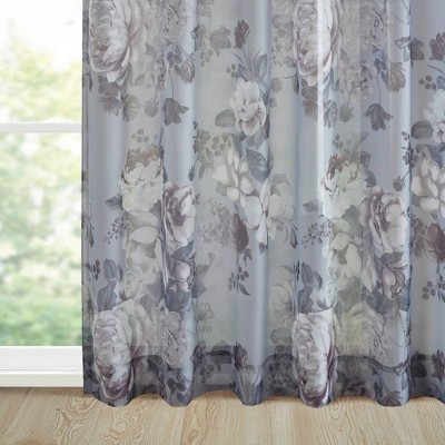 Gray Floral Twist Tab Top Sheer Polyester Curtain Panel