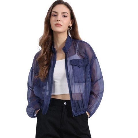 Женские куртки INSPIRE CHIC Women's Zip-Up Long Sleeve See-Through Bomber Jacket Large Black