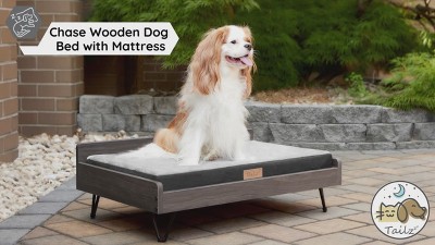 Medium Gray Wooden Elevated Pet Bed with Water-Resistant Mattress