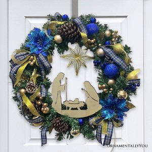 Decorous Nativity Christmas Wreath, Blue and Gold Ribbons and Poinsettias Birth of Christ Door Decoration| OrnamentallyYou - 1 of 4