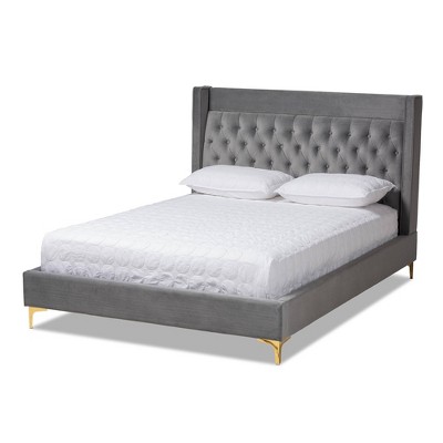 King Valery Velvet Platform Bed With Gold Finished Legs Gray