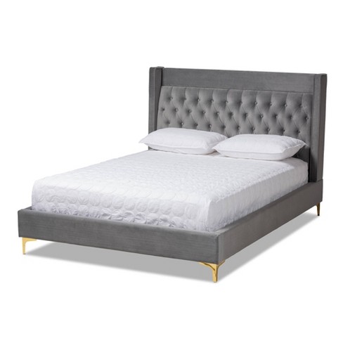 Queen Valery Velvet Platform Bed With Gold Finished Legs Gray