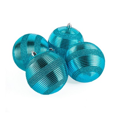 Turquoise Glitter Ribbed Shatterproof Ball Ornaments, Set of 4