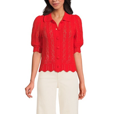 Lands' End Women's Lace Pointelle Puff Sleeve Cardigan Sweater