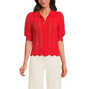 Lands' End Women's Lace Pointelle Puff Sleeve Cardigan Sweater - 1 of 4