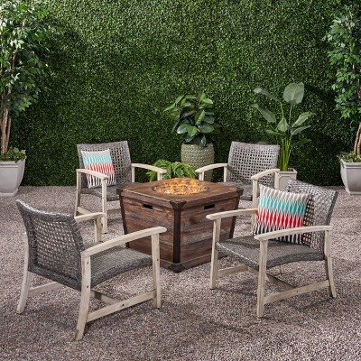 Hampton 5pc Wood Wicker Club Chair Set With Fire Pit