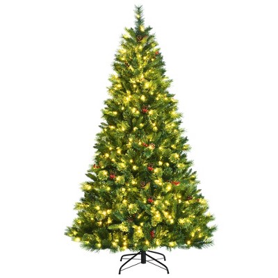 Costway 7ft Pre-lit Hinged Artificial Christmas Tree w/ Pine Cones & Red Berries