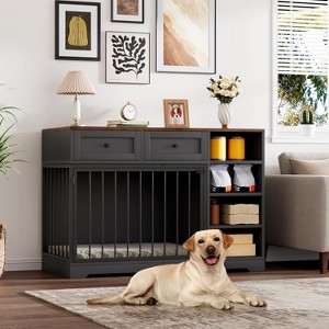 Dog Crate Furniture 47", Large Dog Crate TV Stand with 2 Drawers and 4 Shelves, Wooden Dog Kennel Indoor, Decorative Dog Cage with Storage, Black - 1 of 4