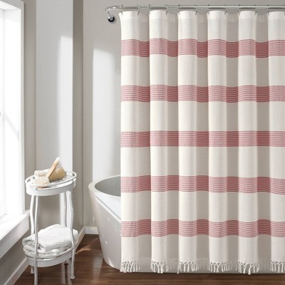 72"x72" Tucker Stripe Yarn Dyed Cotton Knotted Tassel Shower Curtain White/Red - Lush Décor