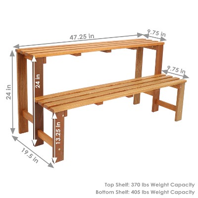 Brown Meranti Wood 2-Tier Outdoor Plant Stand with Teak Oil Finish