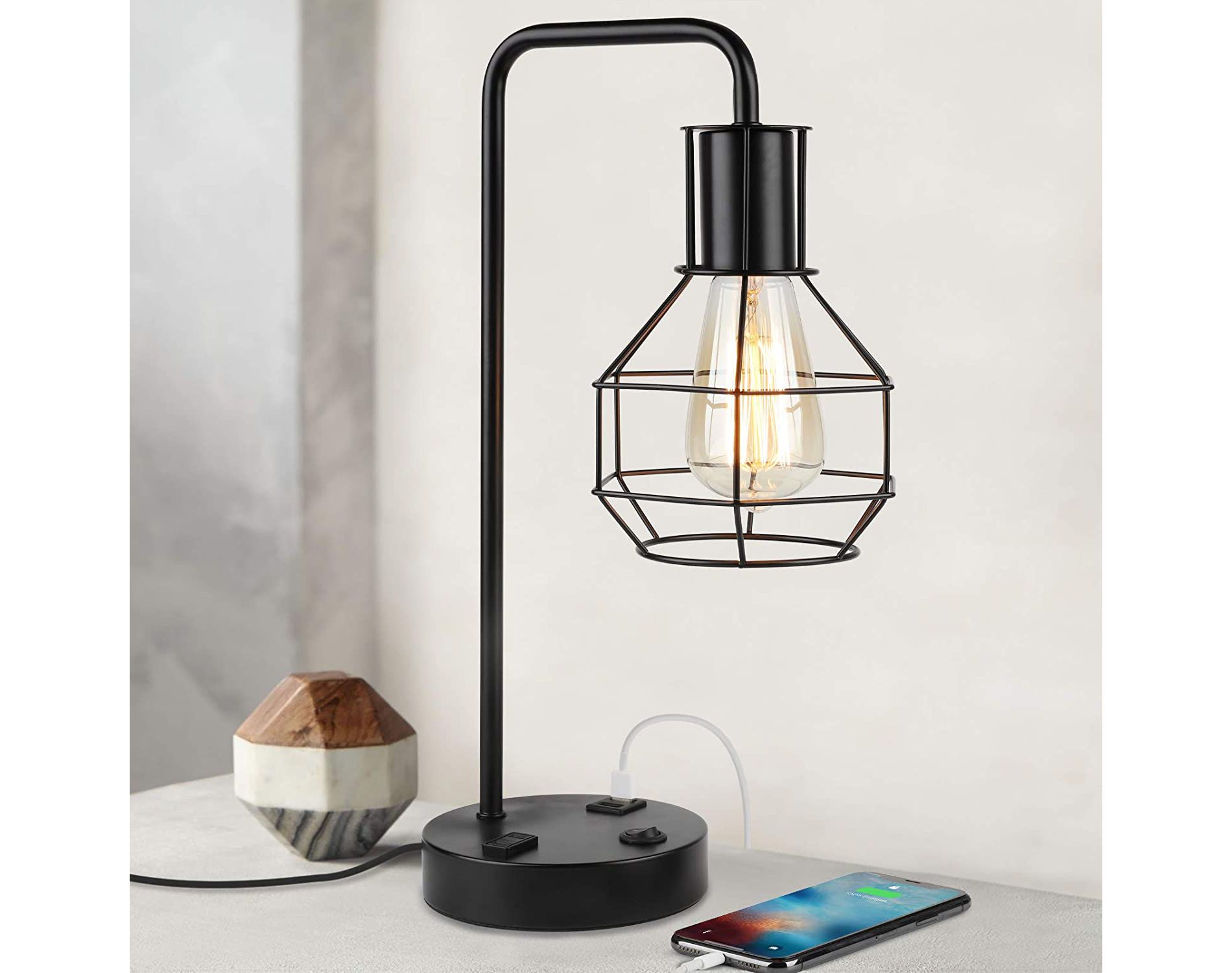Oumilen Black Metal Industrial Beside Table Lamp with USB Ports and AC Outlet