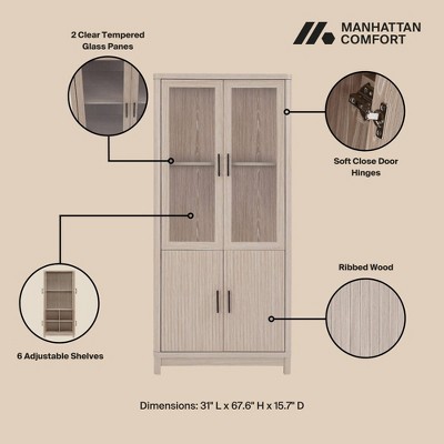 67.6" White Washed Oak Adjustable Bookcase Set with Glass Doors