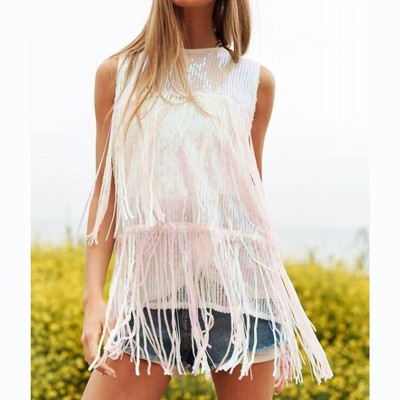 Women's Sequin Fringe Detail Sleeveless Squin Crop Top - DAVI & DANI