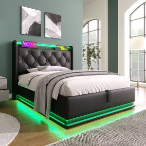 King/Queen/Full/Twin Size Platform Bed, Upholstered Storage Bed Frame with LED Light, USB Ports -ModernLuxe - 1 of 4