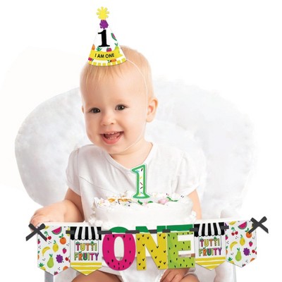 Big Dot of Happiness Tutti Fruity 1st Birthday - First Birthday Boy or Girl Smash Cake Decorating Kit - High Chair Decorations