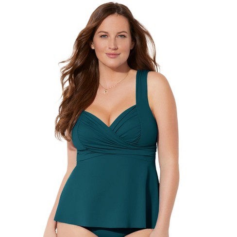 Swimsuits For All Women's Plus Size Faux Flyaway Underwire Tankini Top with  Adjustable Straps