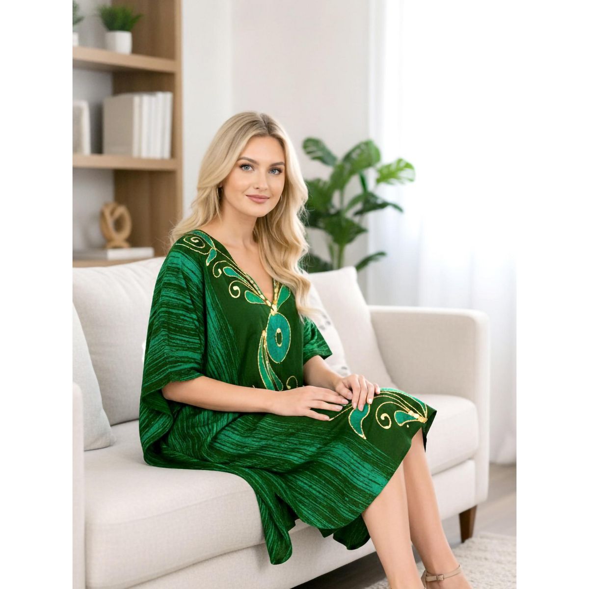 LA LEELA Summer Cotton Women Caftan Top Resortwear Vacation Holiday Cruise Pregnancy Wear Relaxed Fit Lounge Outfit 2X-3X Green Paisley - thumbnail 4