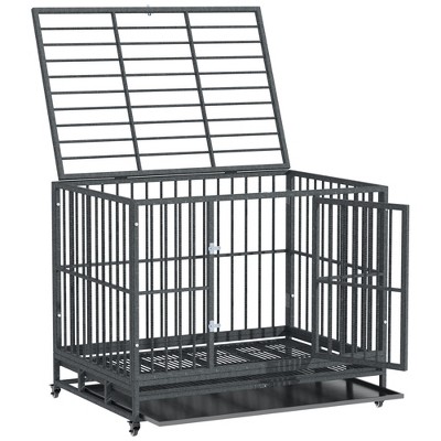 Gray Medium Rolling Steel Dog Crate with Wheels