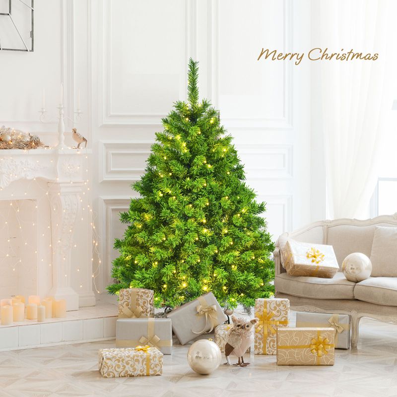 Tangkula Artificial Pre-Lit Christmas Tree, Green Flocked Christmas Hinged Tree w/ Branch Tips & Warm LED lights, 5 of 11