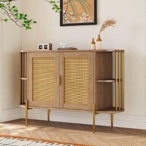 TIRAMISUBEST 2-Door Elegant Curved Buffet Cabinet with Gold Trim, Sideboard Accent Storage Cabinet with Woven Rattan Doors for Dining Room - 1 of 4
