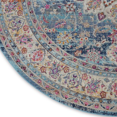 Vintage Kashan Round Blue Synthetic Persian-Inspired Rug, 6 ft
