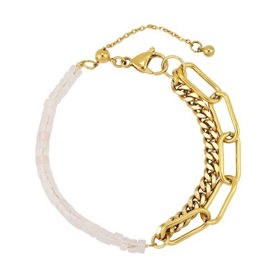 Slate by Rebl Genuine Beads & Chain Bracelet  Split Paperclip & Cuban Chain, 18K Gold Plated Stainless Steel