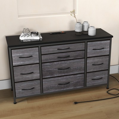 10-Drawer Fabric Dresser TV Stand – Wood Top & Charging Station for Bedroom & Living Room