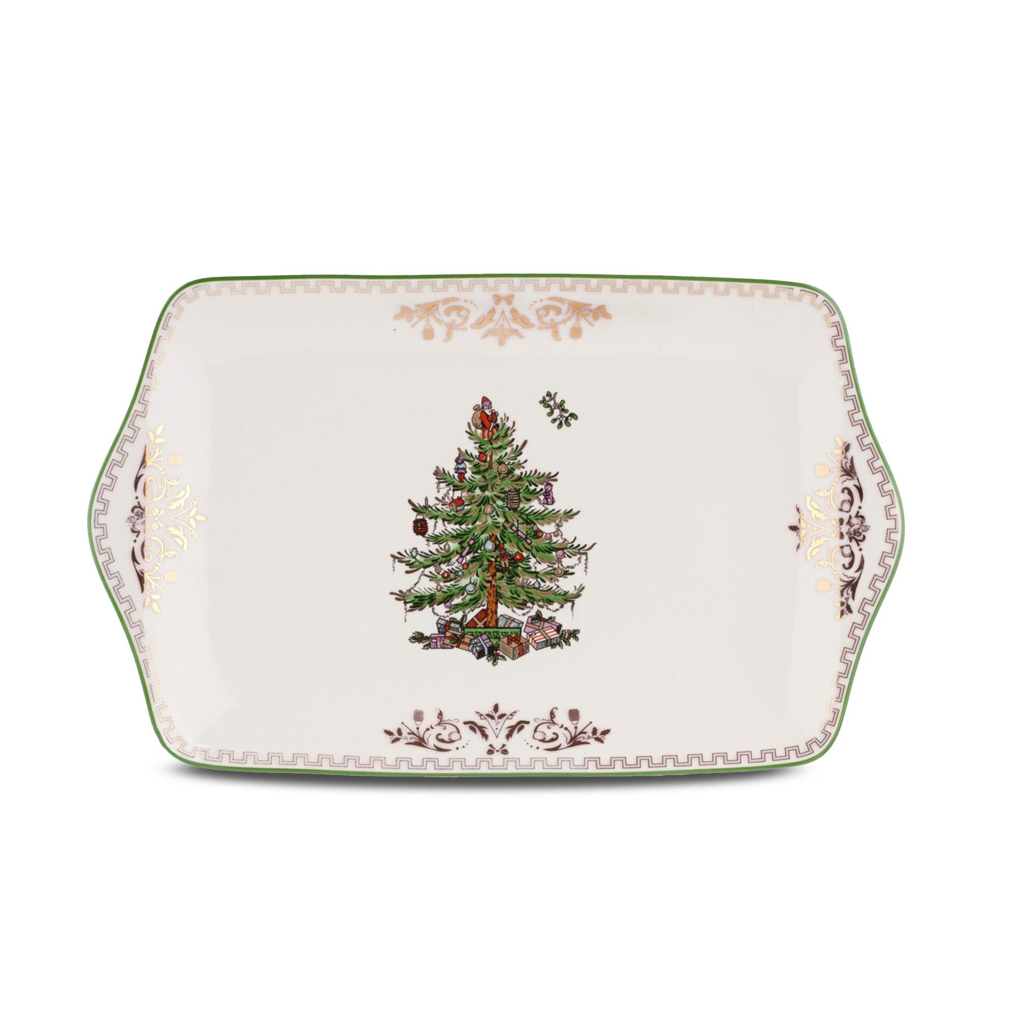 Spode Christmas Tree 12" Gold Fine Porcelain Dessert Tray Serving Platter with Red Ribbons