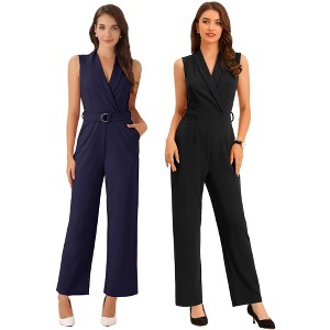 INSPIRE CHIC Women's Casual Sleeveless Shawl Collar Office Belted Cropped Jumpsuit 2 Packs - 1 of 4
