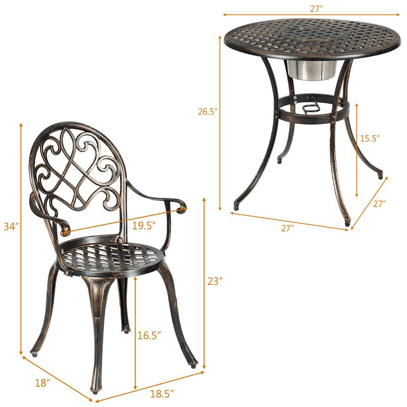 Costway 3PCS Patio Dining Set  Aluminum  Bistro Attached Removable Ice Bucket, 3 of 11