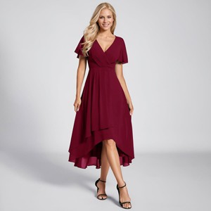 Elegant V Neck A Line Ruffle Sleeves Pleated High Low Wedding Guest Dresses - 1 of 4