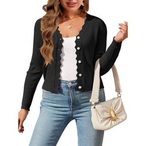 Coolmee Women's Plus Size Long Sleeve V-Neck Button Down Cardigan Cropped Knit Shrugs Sweater - 1 of 4