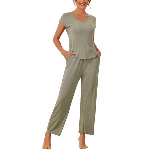 cheibear Women's Short Sleeve Top with Long Pants Modal Casual 2 Piece Loungewear Set - 1 of 4
