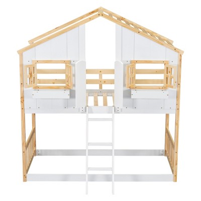 VYNXARIA Twin Sized Natural House - Style Bunk Bed Complete with Roof Window, Frame, Door, Safety Rail and Ladder