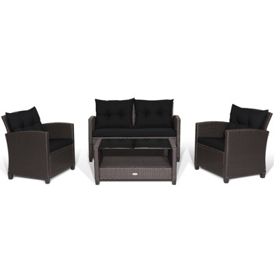 Tangkula Patio Rattan 4PCS Cushioned Chair Coffee Table Classic Furniture Set Bistro Set Single Sofa with Thick Cushion for Garden Navy/Red/Turquoise