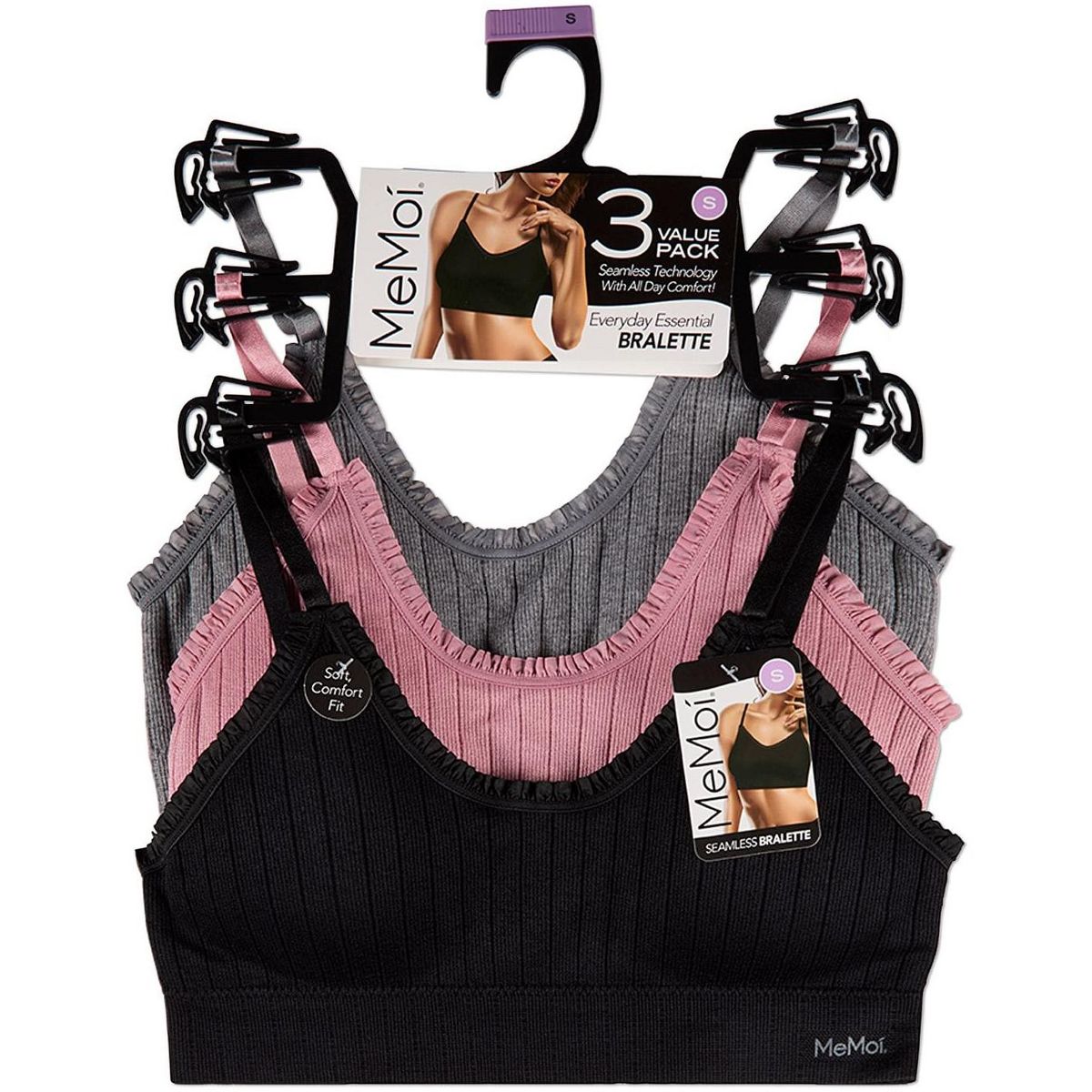 Memoi 3 Pack Women's Seamless Ribbed Ruffle-Trim Tag-Free Padded Bras - thumbnail 9